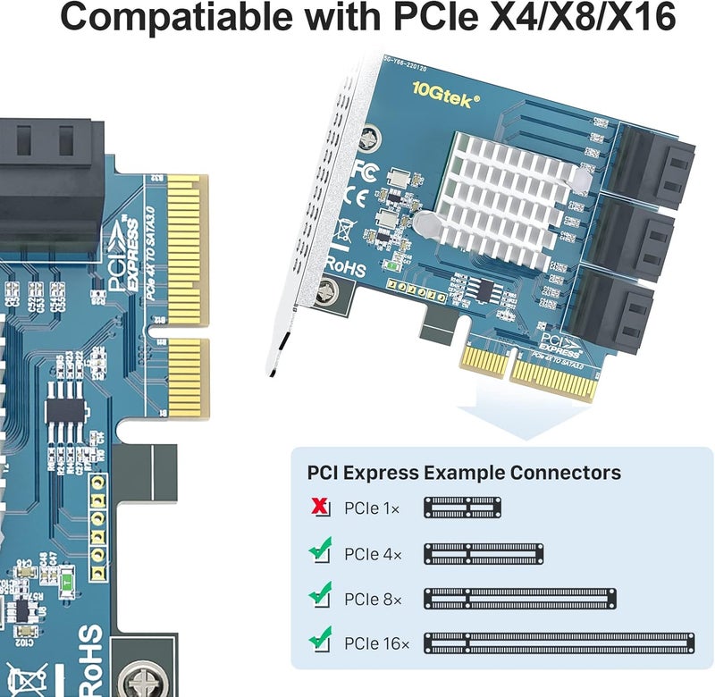 HYFIBER H!Fiber 6 Port PCIe SATA Card with 6 SATA Cables, 6Gbps SATA3.0 Expansion Card, X4, ASMedia ASM1164 chip, Support SSD and HDD, with Full Height and Low Profile Bracket - Image 2